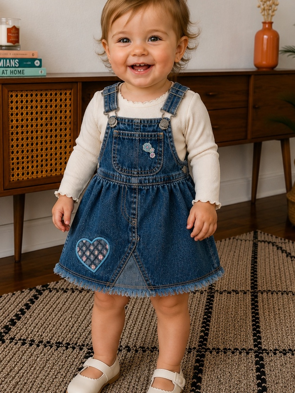 Vintage Y2K Baby Girl Old Navy Denim Distressed Floral Overall Dress Sz 6-12 M